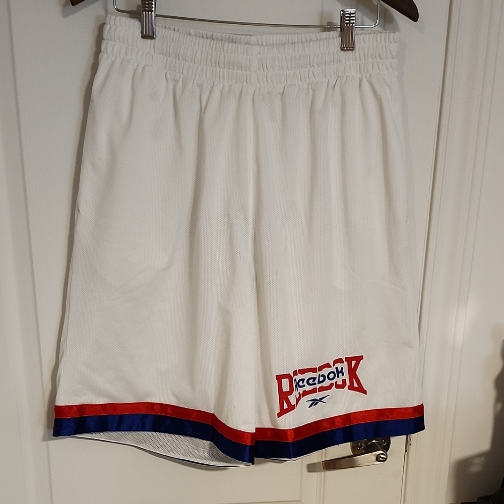 Reebok Men's White Shorts with Red and Blue Trim